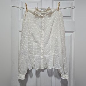 Creamed Laced Pleated Collar Button Up Long Sleeve Shirt/ S